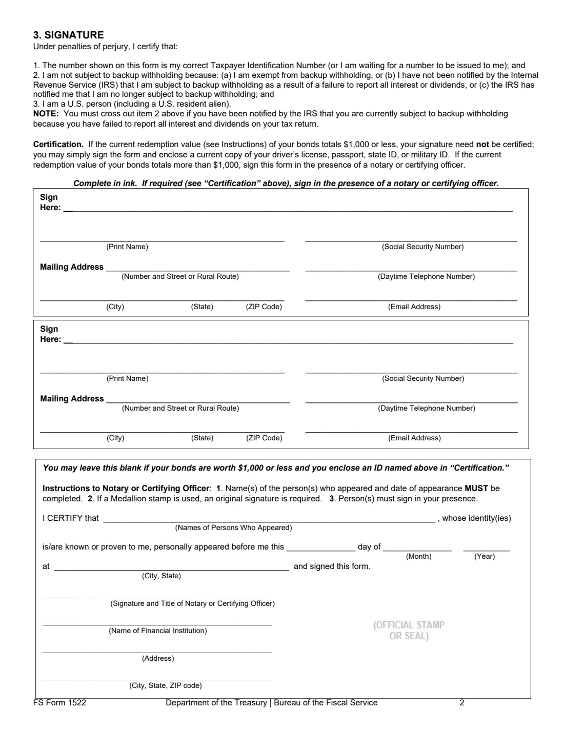 FS Form 1522 (2026) Special Form of Request for Payment of United States Savings and Retirement Securities Where Use of a Detached Request Is Authorized — page 2 of 4