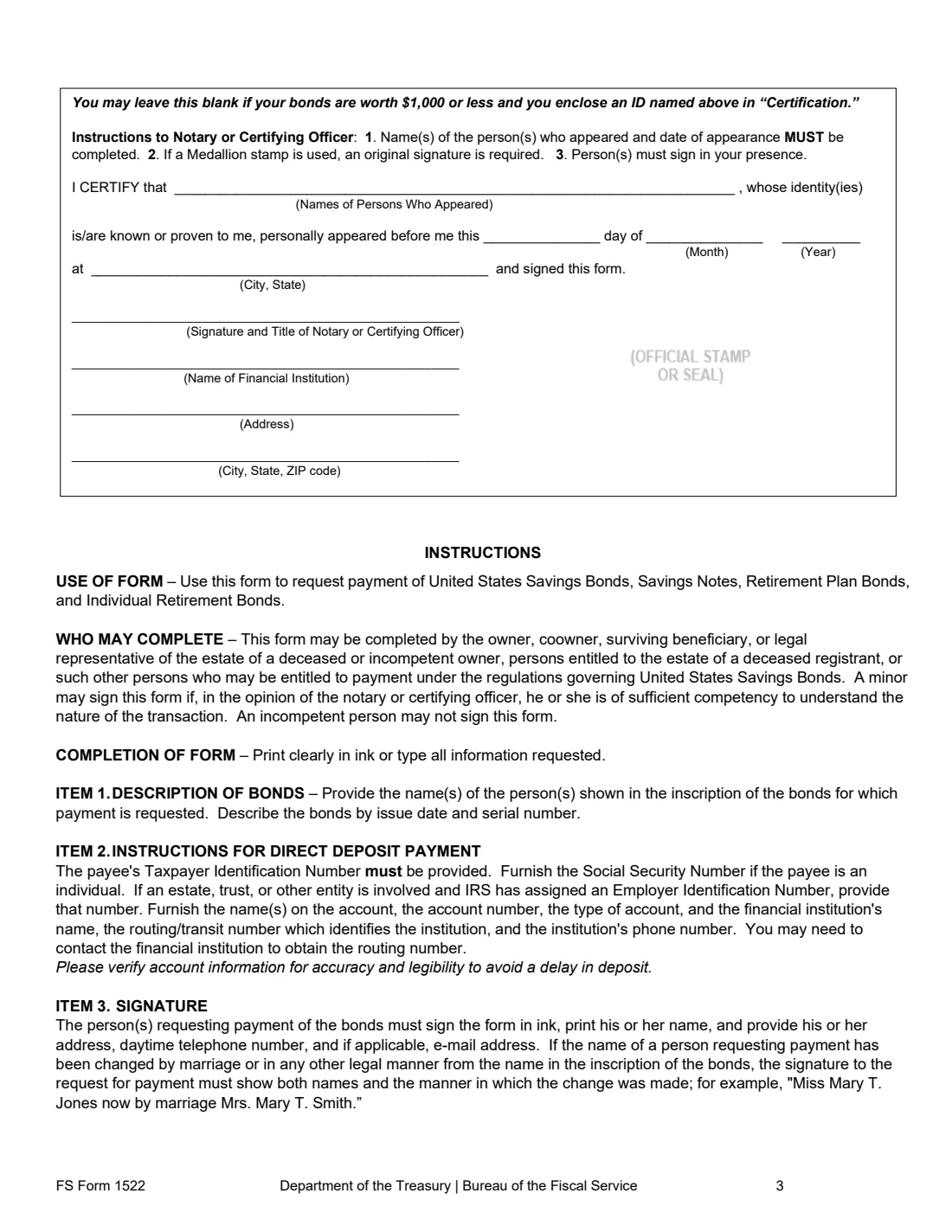 FS Form 1522 (2026) Special Form of Request for Payment of United States Savings and Retirement Securities Where Use of a Detached Request Is Authorized — page 3 of 4