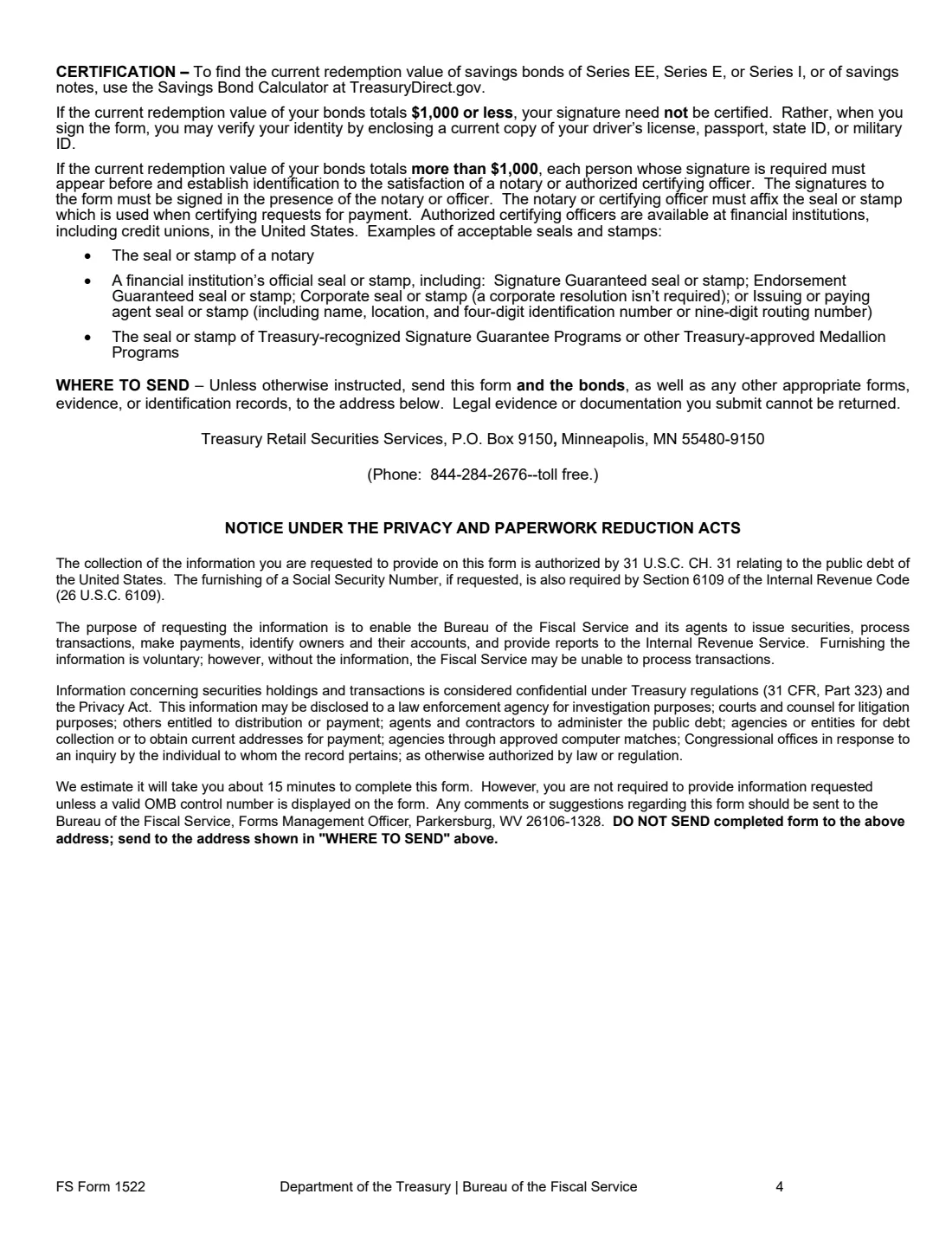 FS Form 1522 (2026) Special Form of Request for Payment of United States Savings and Retirement Securities Where Use of a Detached Request Is Authorized — page 4 of 4