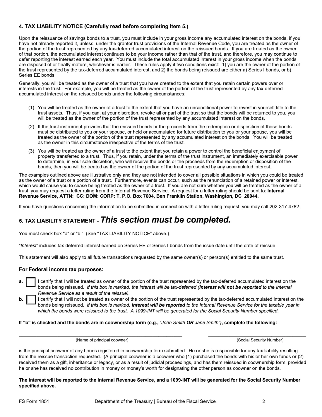 FS Form 1851 (2026) Request to Reissue United States Savings Bonds to a Personal Trust — page 2 of 5