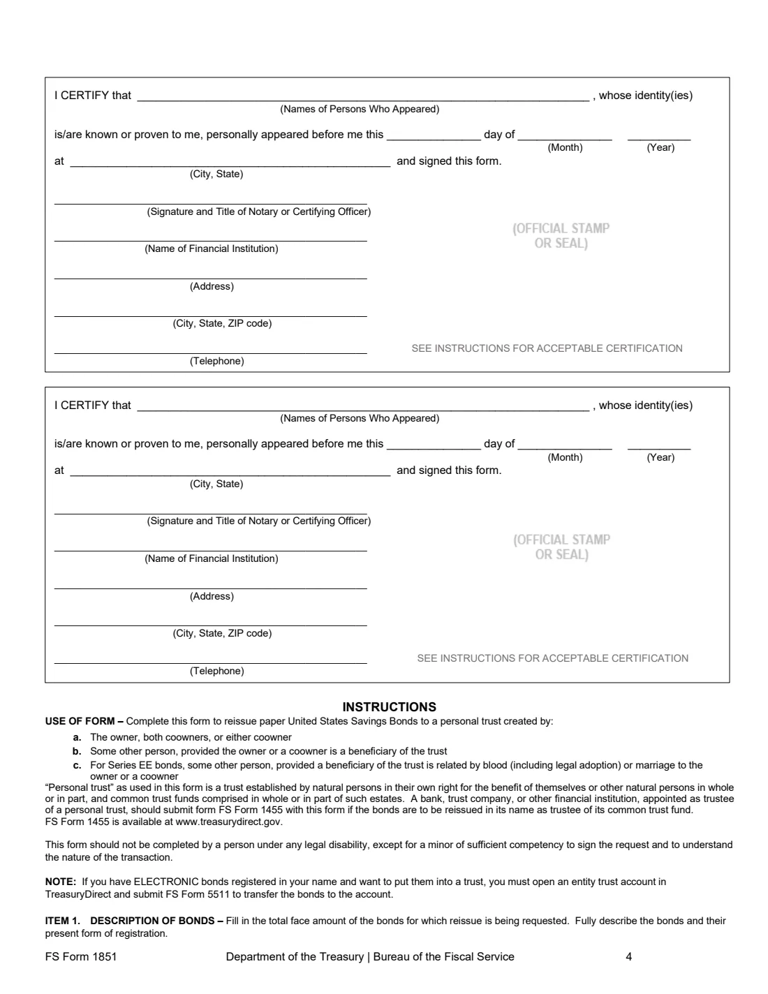 FS Form 1851 (2026) Request to Reissue United States Savings Bonds to a Personal Trust — page 4 of 5
