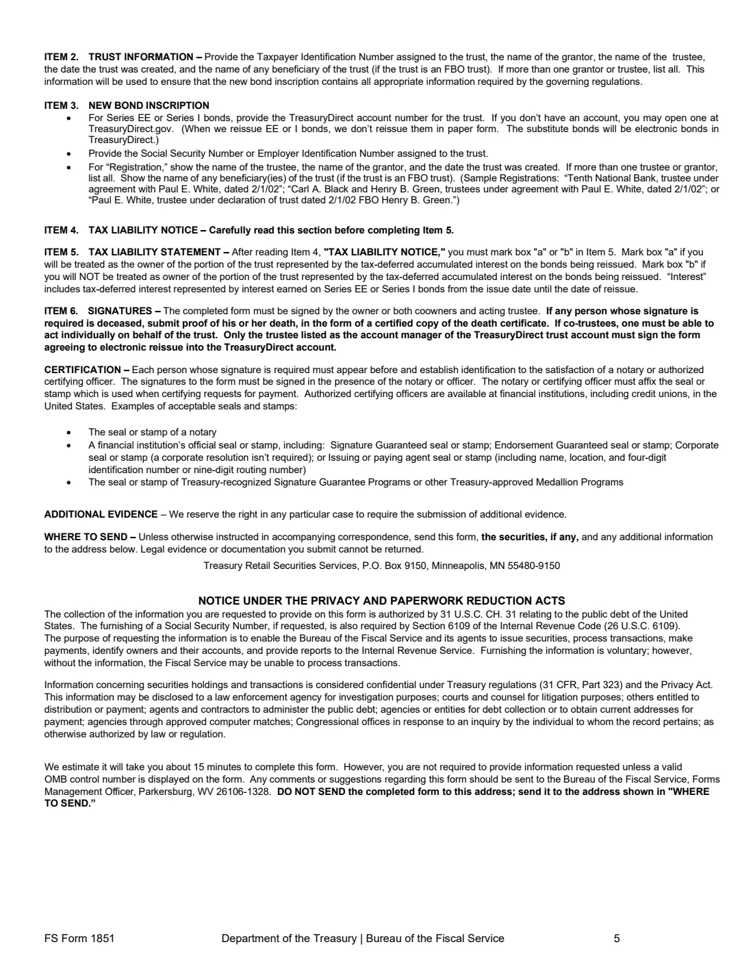 FS Form 1851 (2026) Request to Reissue United States Savings Bonds to a Personal Trust — page 5 of 5