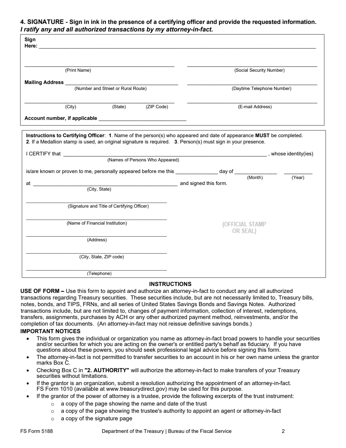 FS Form 5188 (2026) Durable Power of Attorney for Securities and Savings Bonds Transactions — page 2 of 3
