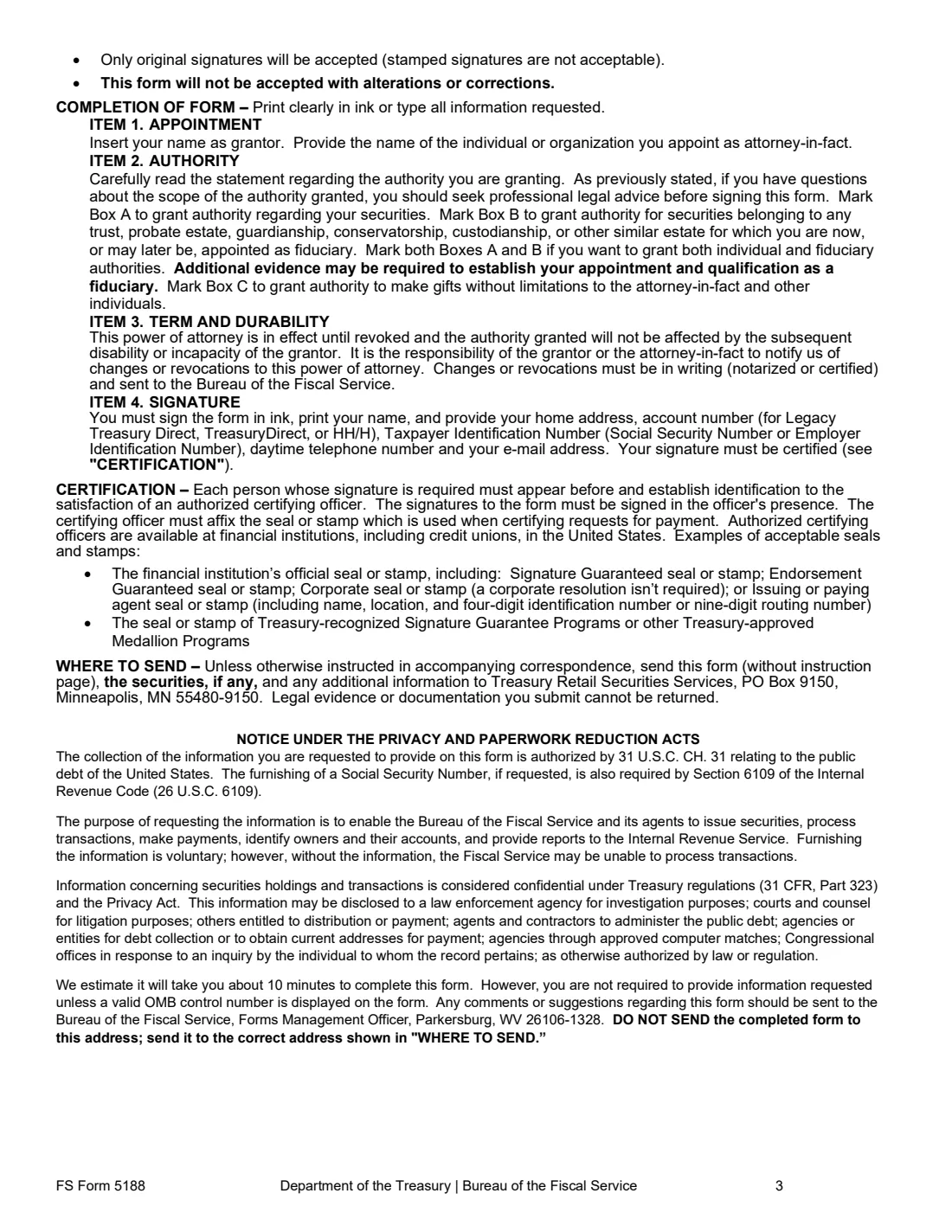 FS Form 5188 (2026) Durable Power of Attorney for Securities and Savings Bonds Transactions — page 3 of 3