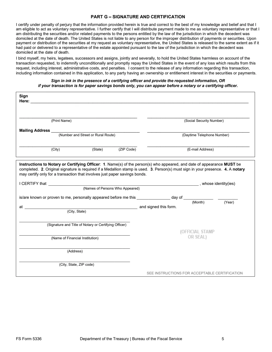 FS Form 5336 (2026) Disposition of Treasury Securities Belonging to a Decedent's Estate Being Settled Without Administration — page 5 of 8