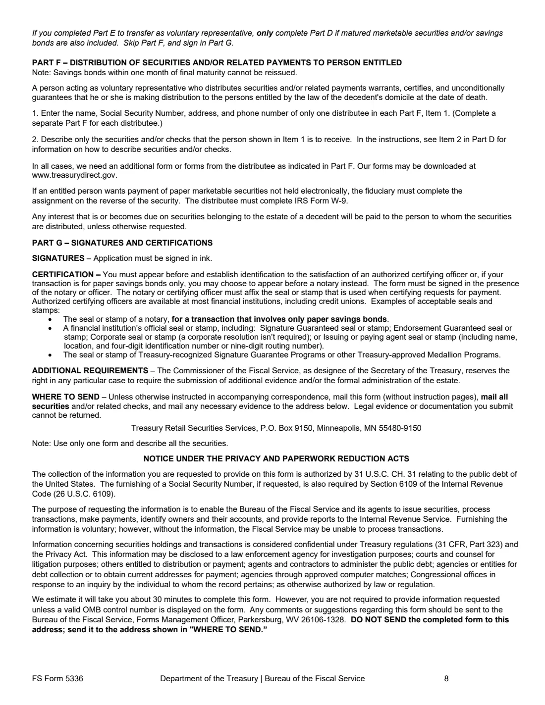 FS Form 5336 (2026) Disposition of Treasury Securities Belonging to a Decedent's Estate Being Settled Without Administration — page 8 of 8