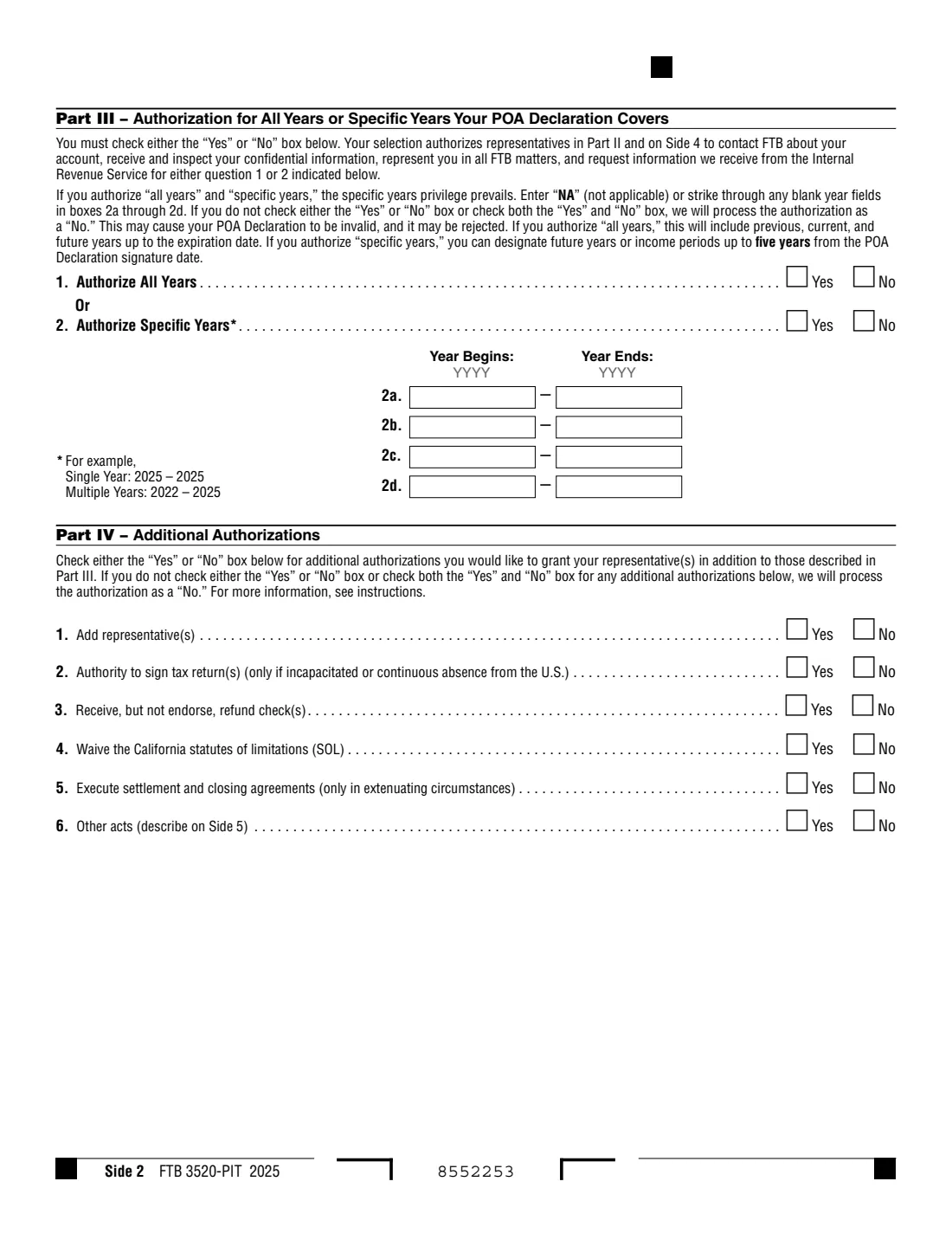Form FTB 3520-PIT (2025) Individual or Fiduciary Power of Attorney Declaration (California) — page 2 of 5