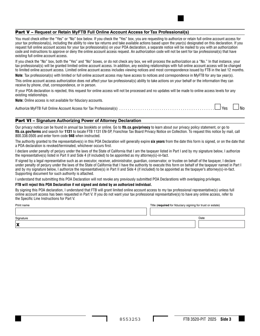 Form FTB 3520-PIT (2025) Individual or Fiduciary Power of Attorney Declaration (California) — page 3 of 5
