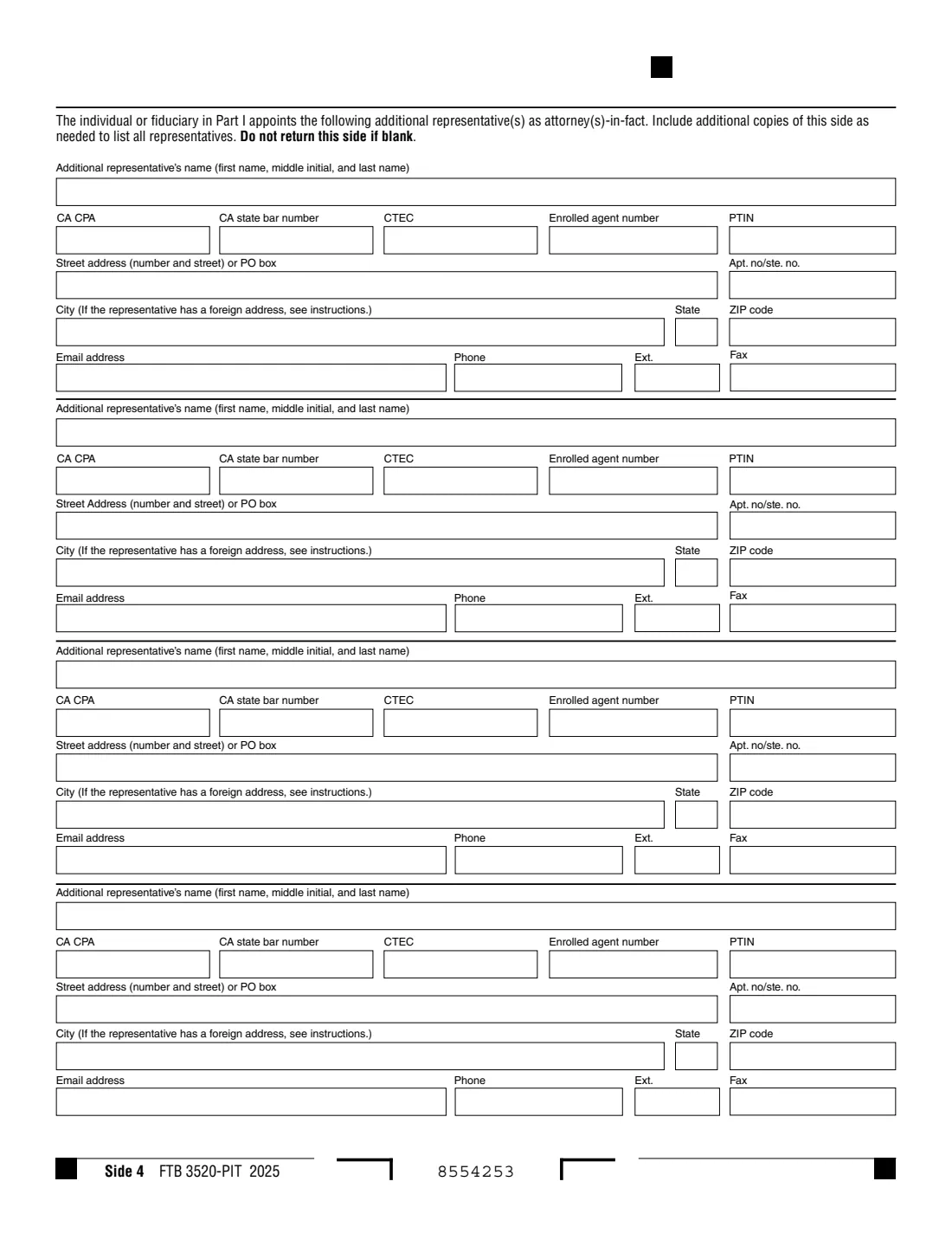 Form FTB 3520-PIT (2025) Individual or Fiduciary Power of Attorney Declaration (California) — page 4 of 5