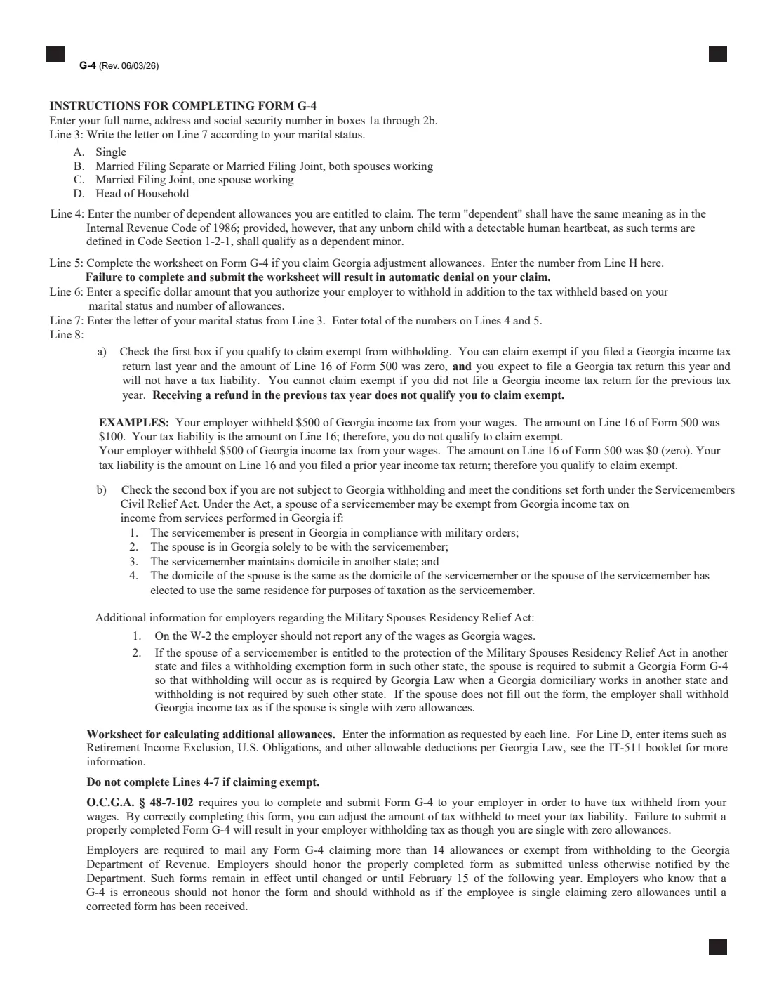 Form G-4 (2026) State of Georgia Employee's Withholding Allowance Certificate — page 2 of 2