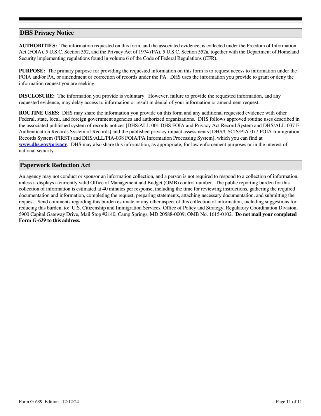 Form G-639 (2024) Freedom of Information/Privacy Act Request — page 11 of 11