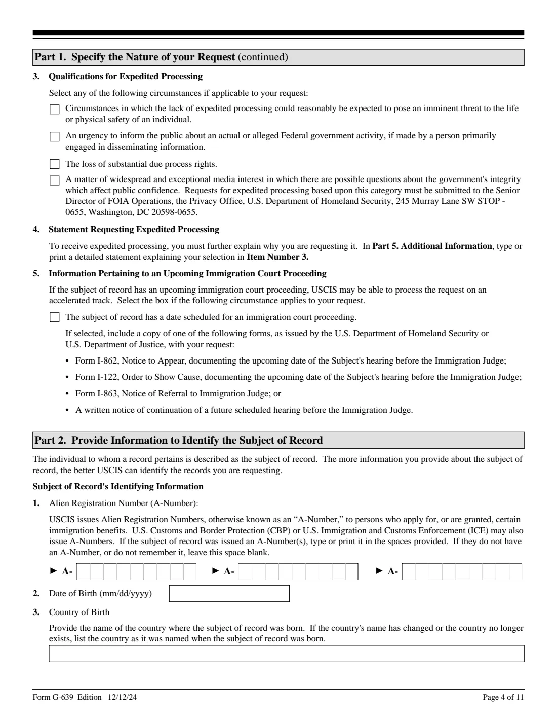 Form G-639 (2024) Freedom of Information/Privacy Act Request — page 4 of 11