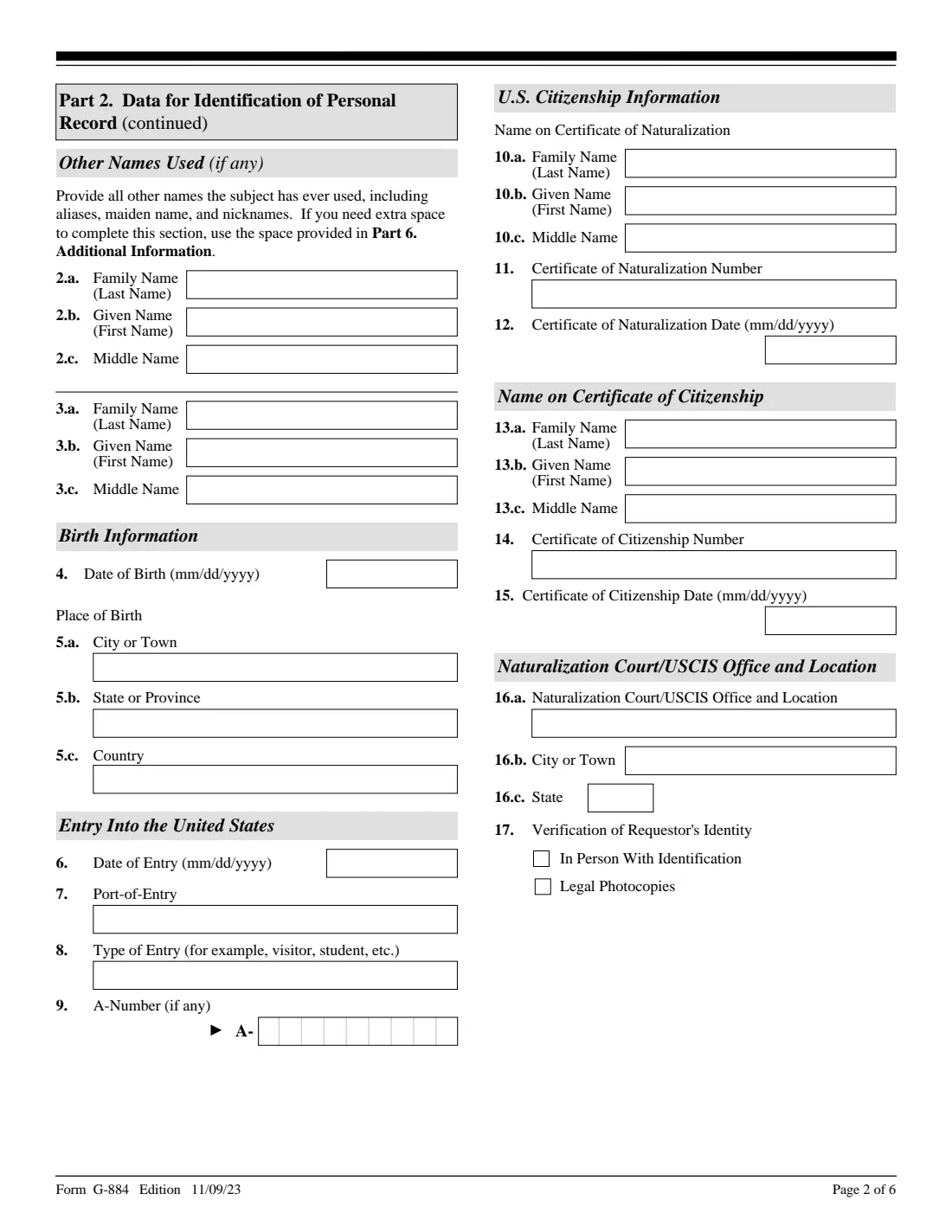 Form G-884 (2023) Request for the Return of Original Documents — page 2 of 6