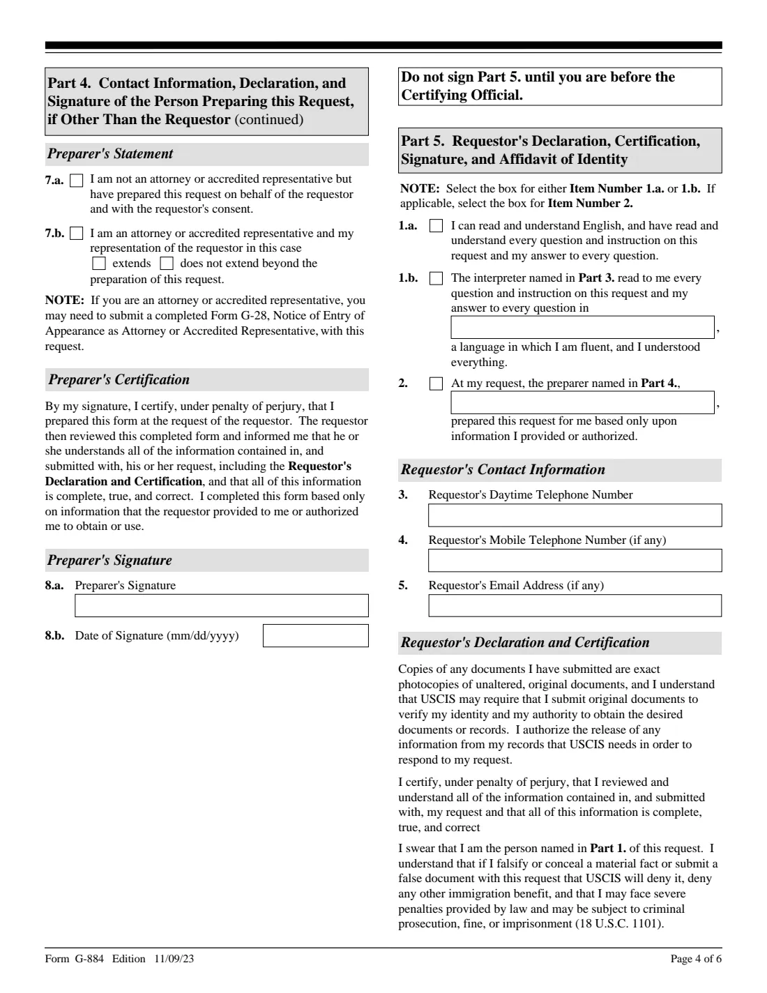 Form G-884 (2023) Request for the Return of Original Documents — page 4 of 6