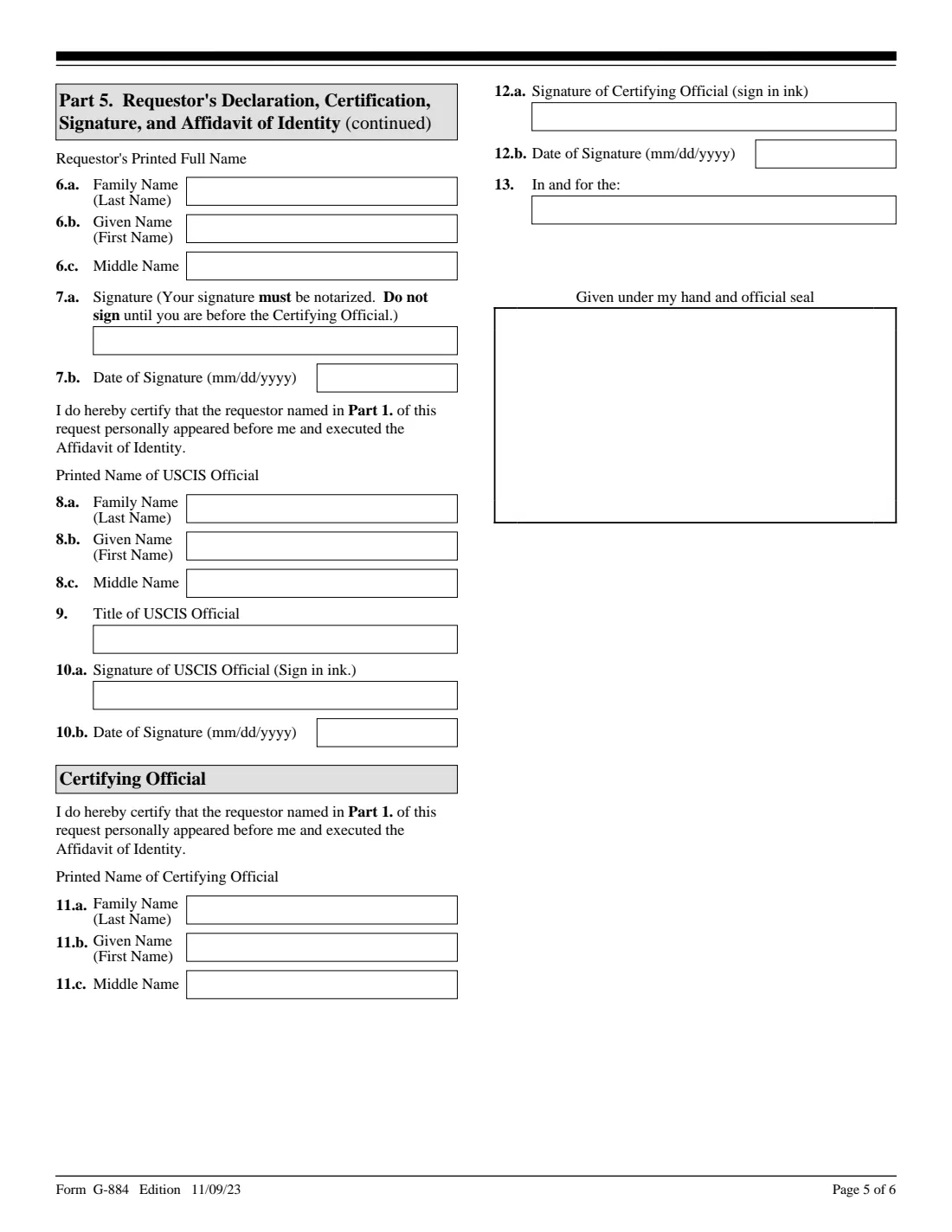 Form G-884 (2023) Request for the Return of Original Documents — page 5 of 6