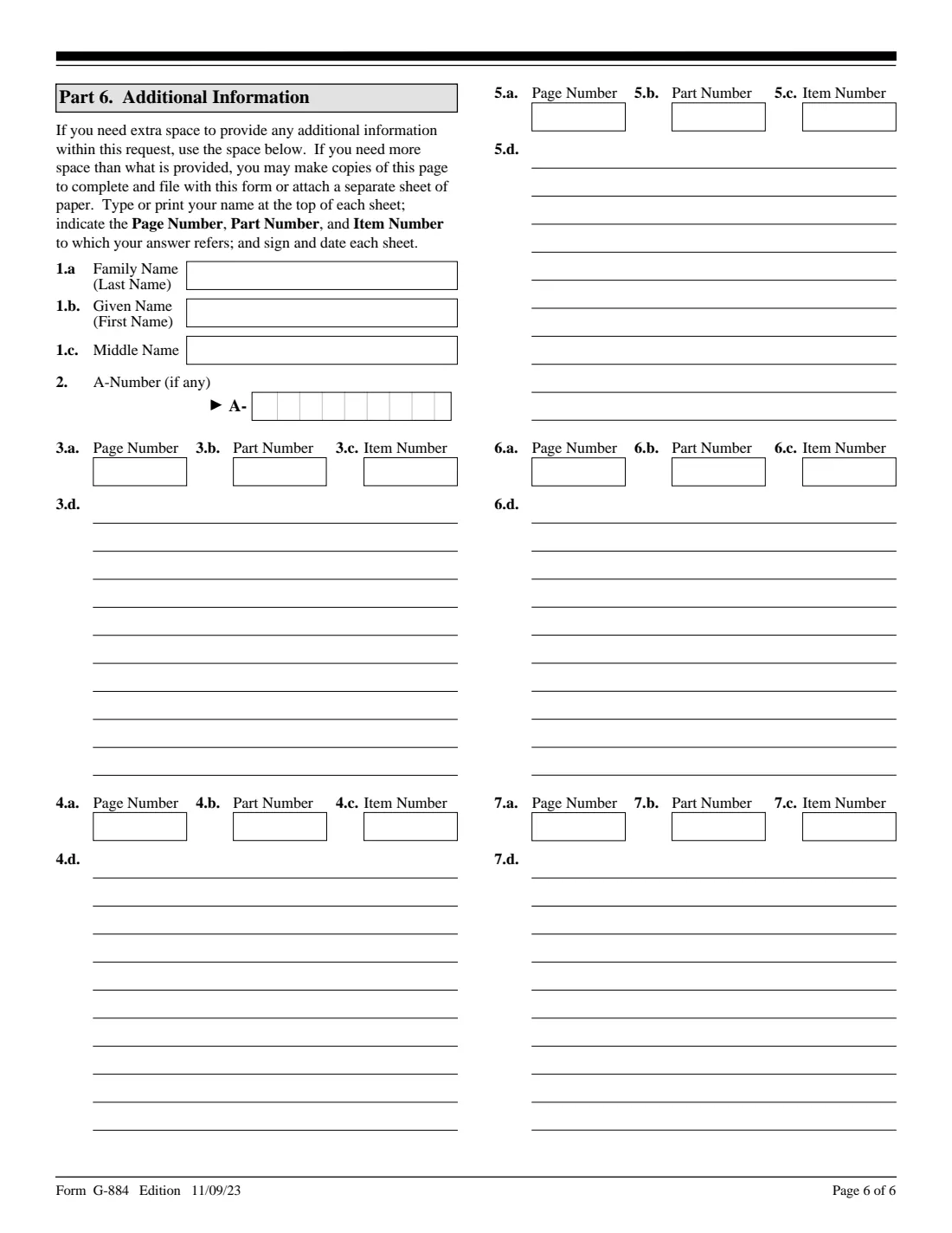 Form G-884 (2023) Request for the Return of Original Documents — page 6 of 6