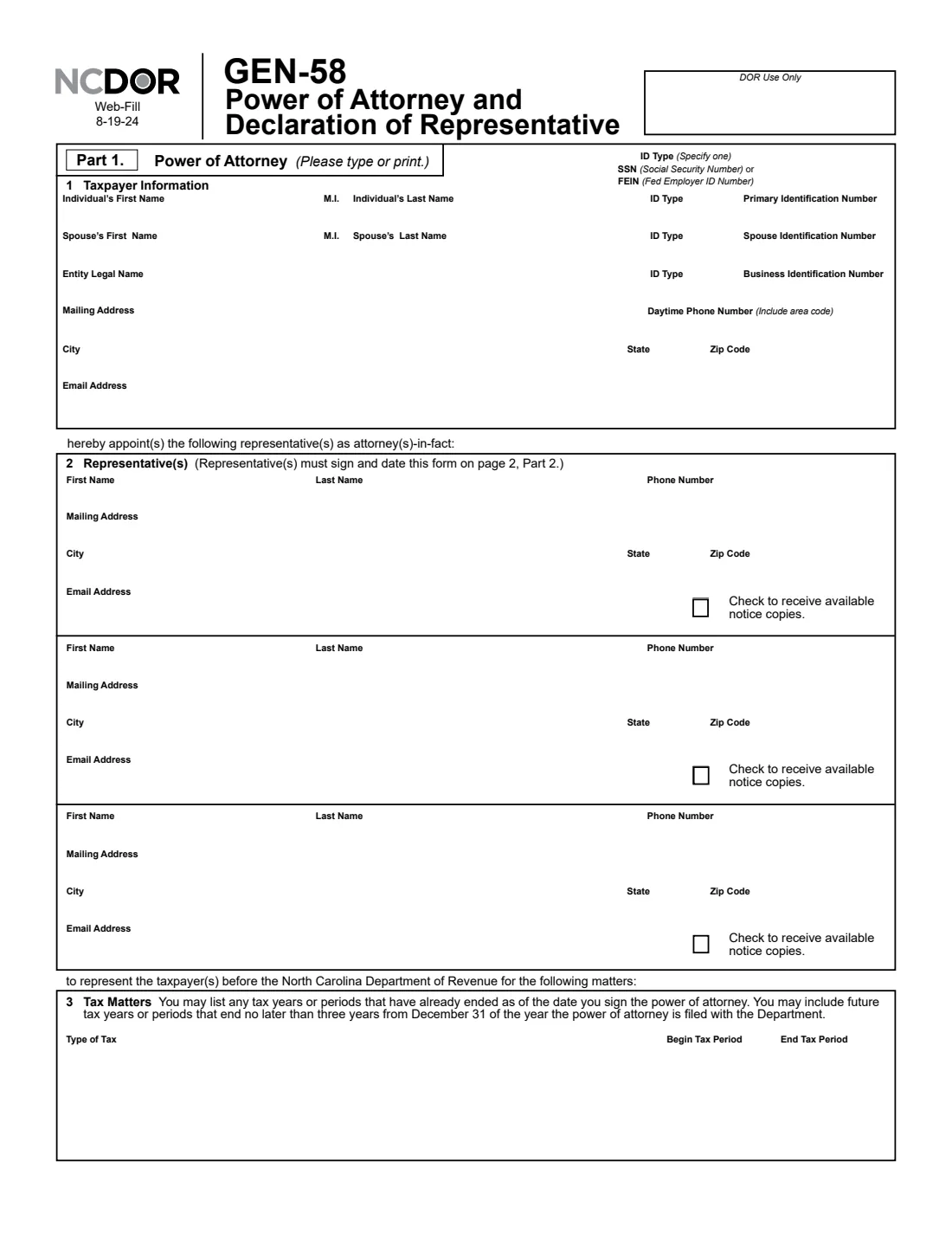 NC Form GEN-58 (2024) Power of Attorney and Declaration of Representative — page 2 of 3