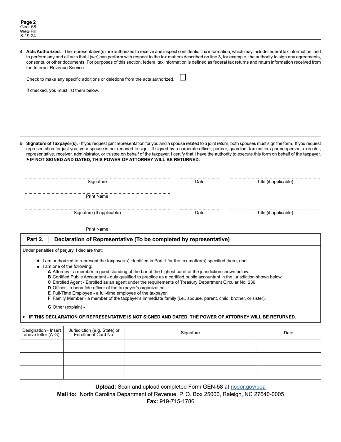 NC Form GEN-58 (2024) Power of Attorney and Declaration of Representative — page 3 of 3