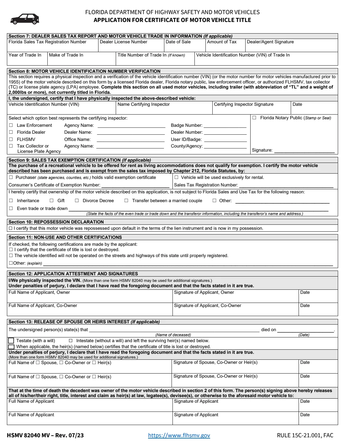 Form HSMV 82040 (2023) Application for Certificate of Title With/Without Registration — page 2 of 2