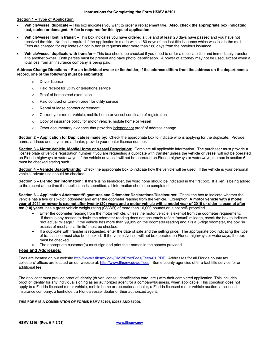 Form HSMV 82101 (2021) Application for Duplicate or Lost in Transit/Reassignment for a Motor Vehicle, Mobile Home or Vessel Title Certificate — page 2 of 2