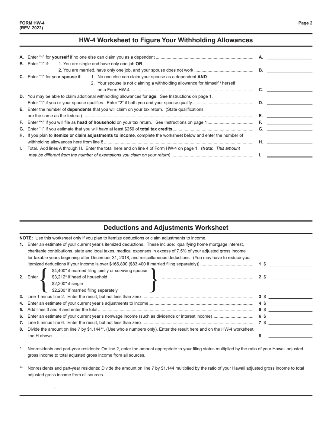 Form HW-4 (2022) Employee's Withholding Allowance and Status Certificate (Hawaii) — page 2 of 2