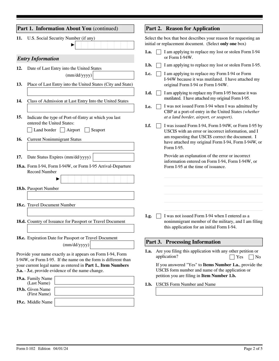 Form I-102 (2024) Application for Replacement/Initial Nonimmigrant Arrival-Departure Document — page 2 of 5