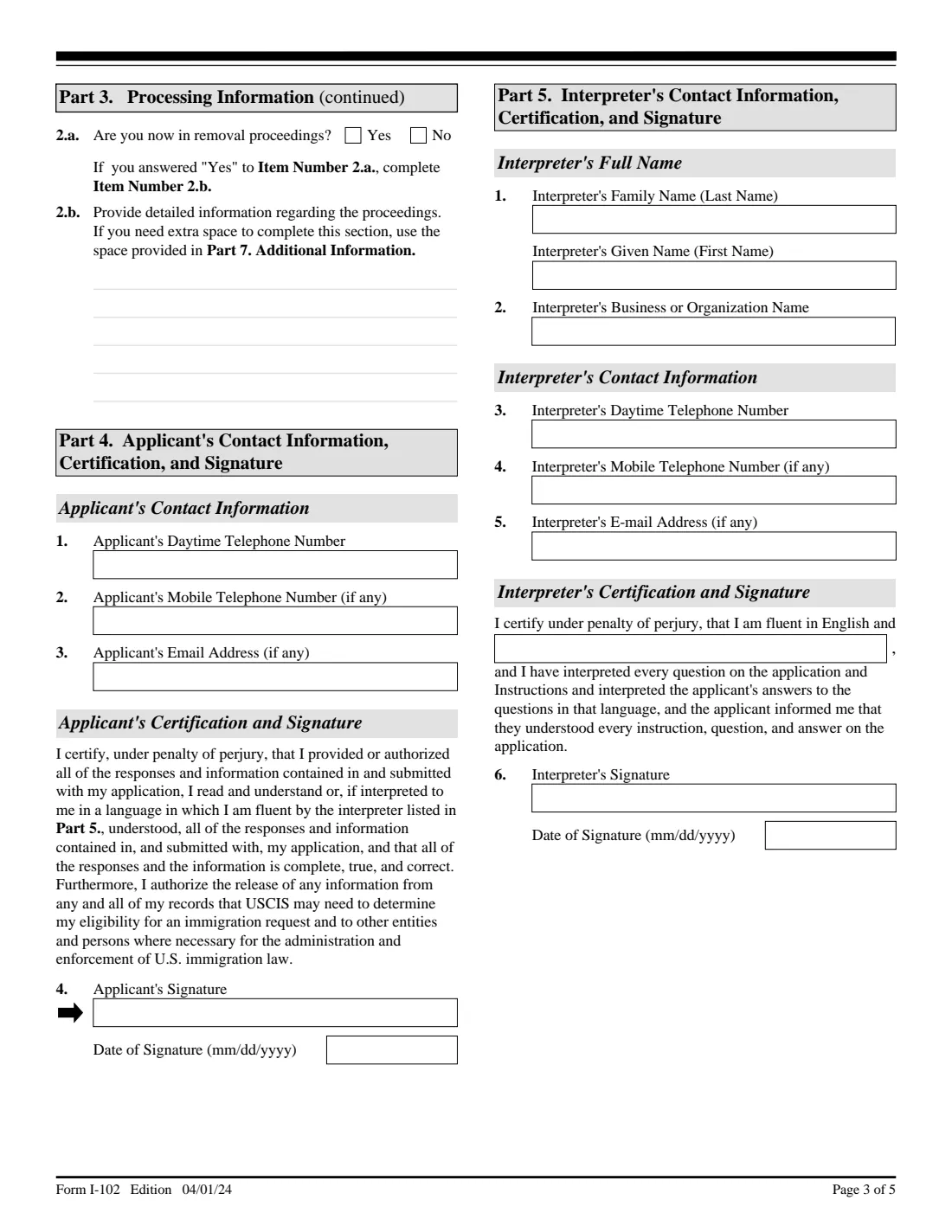 Form I-102 (2024) Application for Replacement/Initial Nonimmigrant Arrival-Departure Document — page 3 of 5