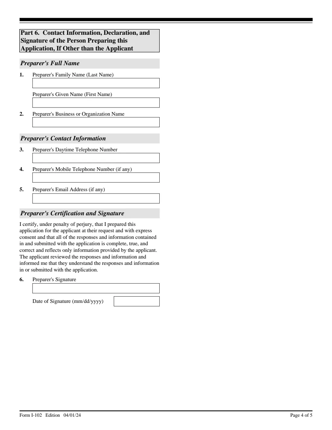 Form I-102 (2024) Application for Replacement/Initial Nonimmigrant Arrival-Departure Document — page 4 of 5