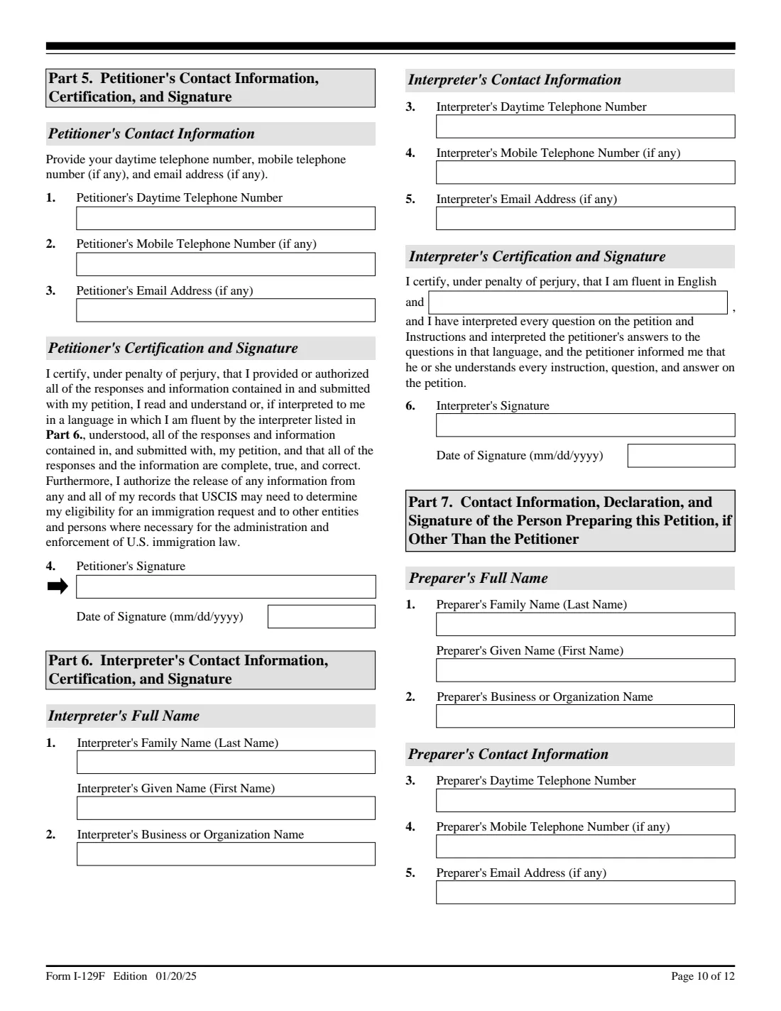 Form I-129F (2025) Petition for Alien Fiancé(e) — page 10 of 12