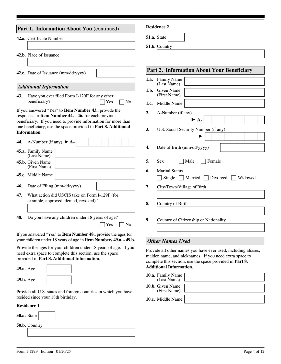 Form I-129F (2025) Petition for Alien Fiancé(e) — page 4 of 12