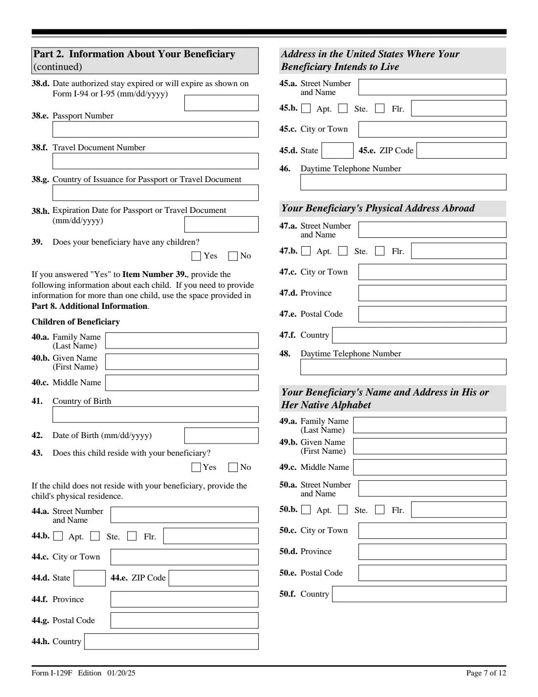 Form I-129F (2025) Petition for Alien Fiancé(e) — page 7 of 12