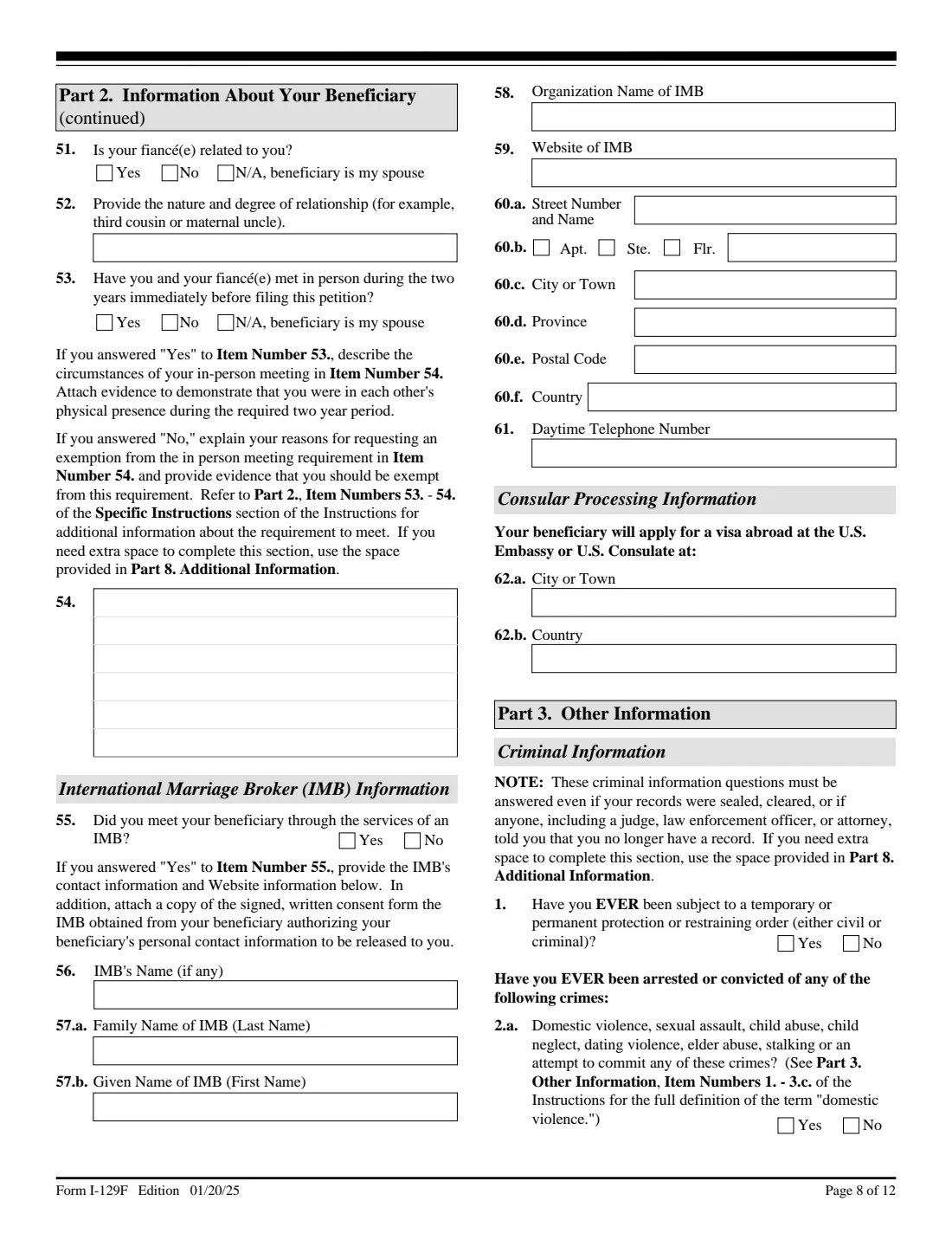 Form I-129F (2025) Petition for Alien Fiancé(e) — page 8 of 12