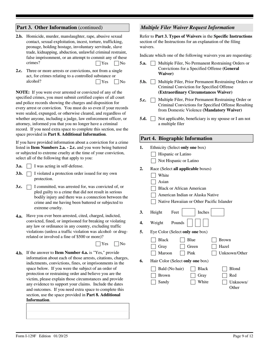 Form I-129F (2025) Petition for Alien Fiancé(e) — page 9 of 12
