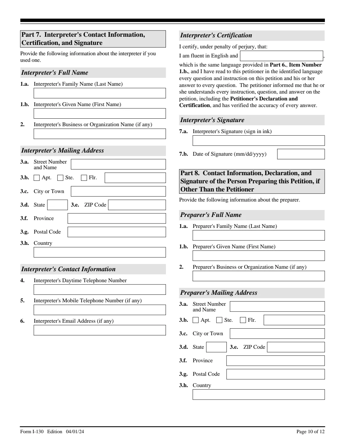 Form I-130 (2024) Petition for Alien Relative — page 10 of 12