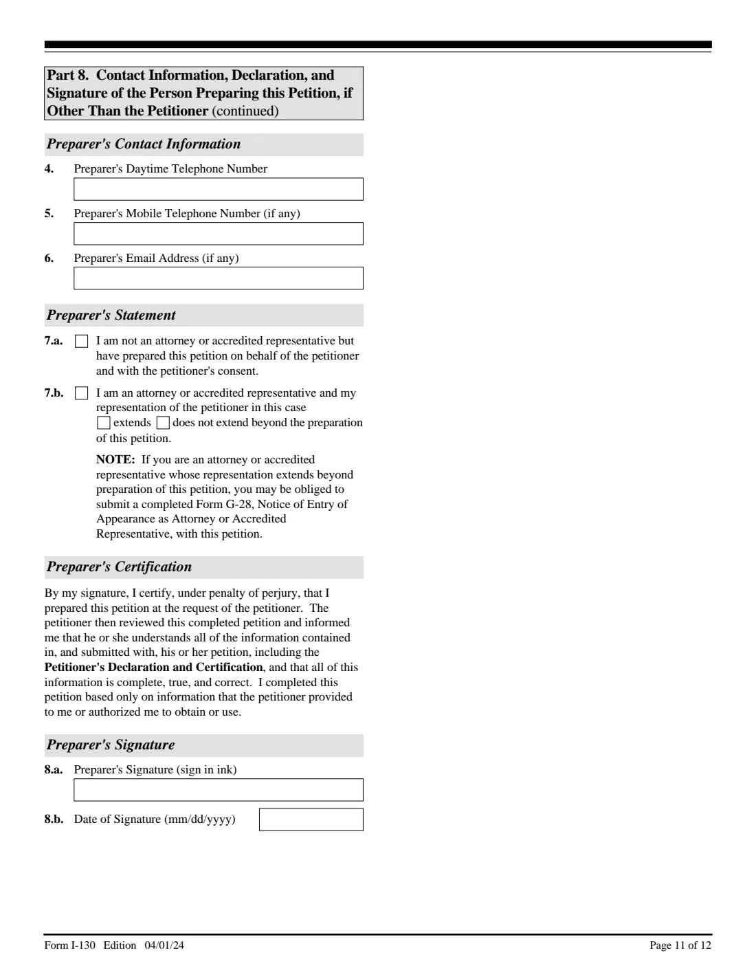 Form I-130 (2024) Petition for Alien Relative — page 11 of 12