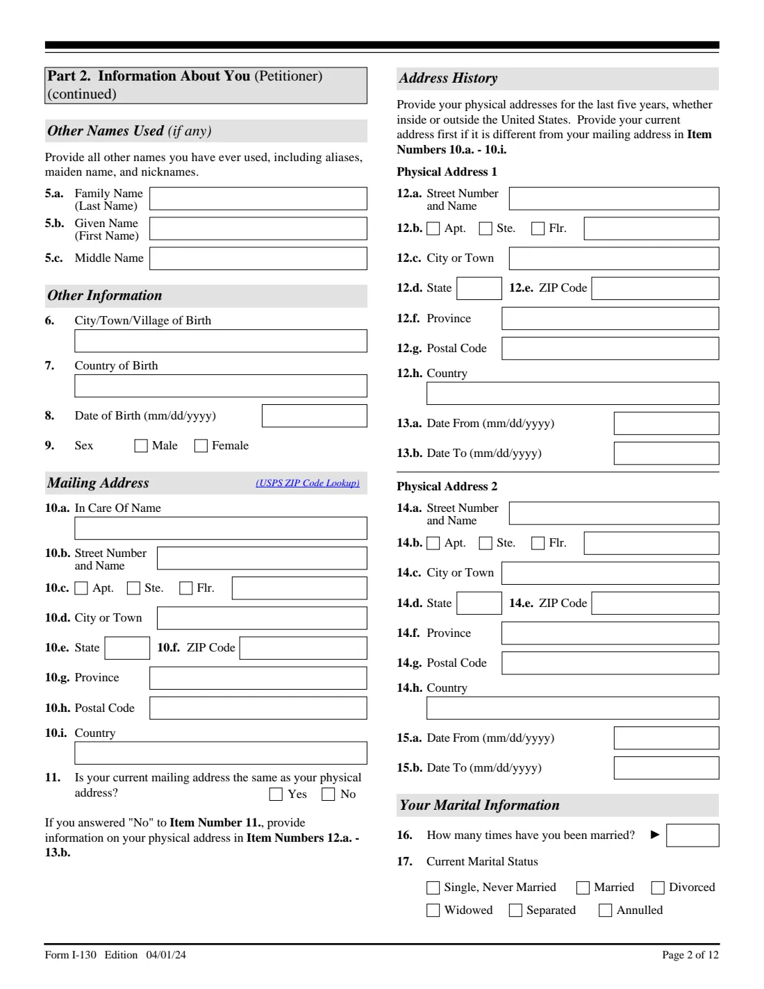 Form I-130 (2024) Petition for Alien Relative — page 2 of 12