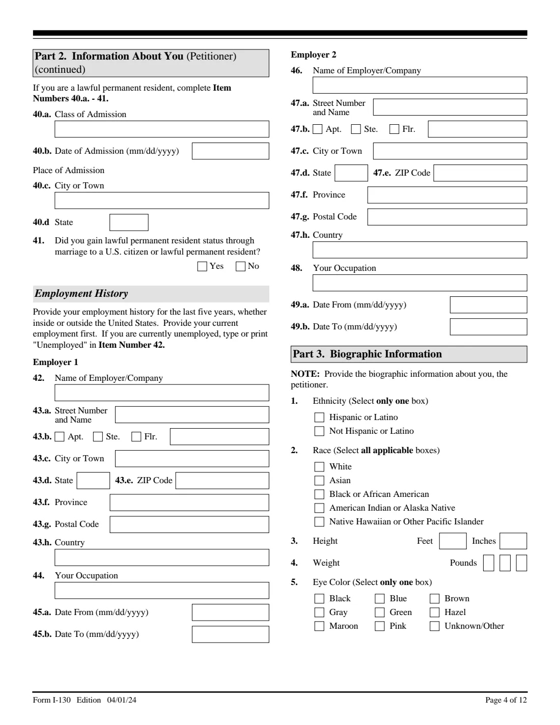 Form I-130 (2024) Petition for Alien Relative — page 4 of 12