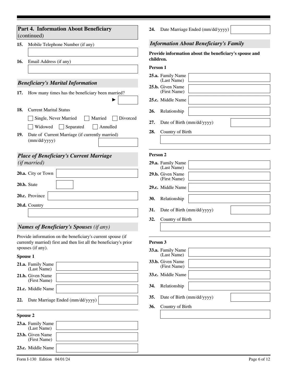 Form I-130 (2024) Petition for Alien Relative — page 6 of 12