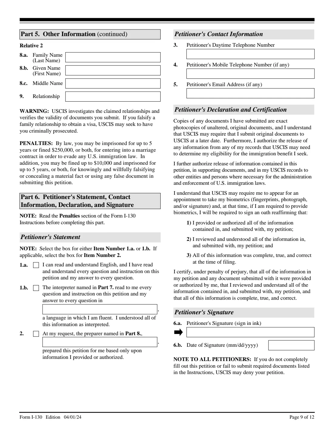 Form I-130 (2024) Petition for Alien Relative — page 9 of 12
