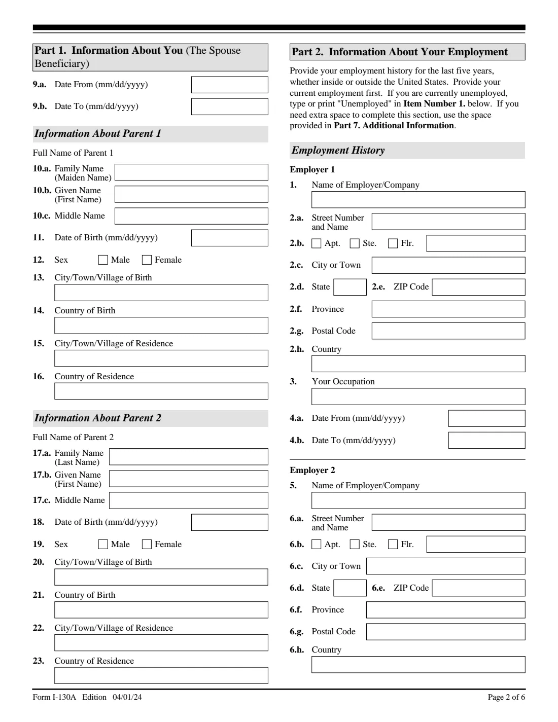 Form I-130A (2024) Supplemental Information for Spouse Beneficiary — page 2 of 6
