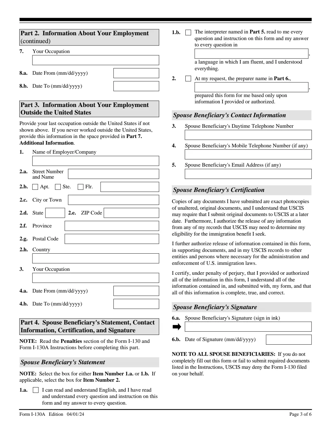 Form I-130A (2024) Supplemental Information for Spouse Beneficiary — page 3 of 6