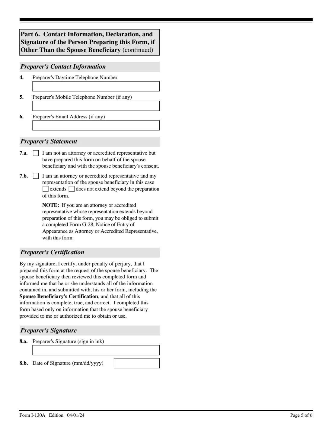 Form I-130A (2024) Supplemental Information for Spouse Beneficiary — page 5 of 6