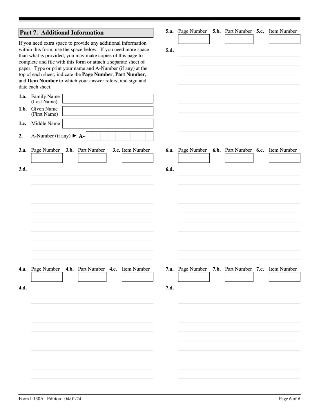 Form I-130A (2024) Supplemental Information for Spouse Beneficiary — page 6 of 6