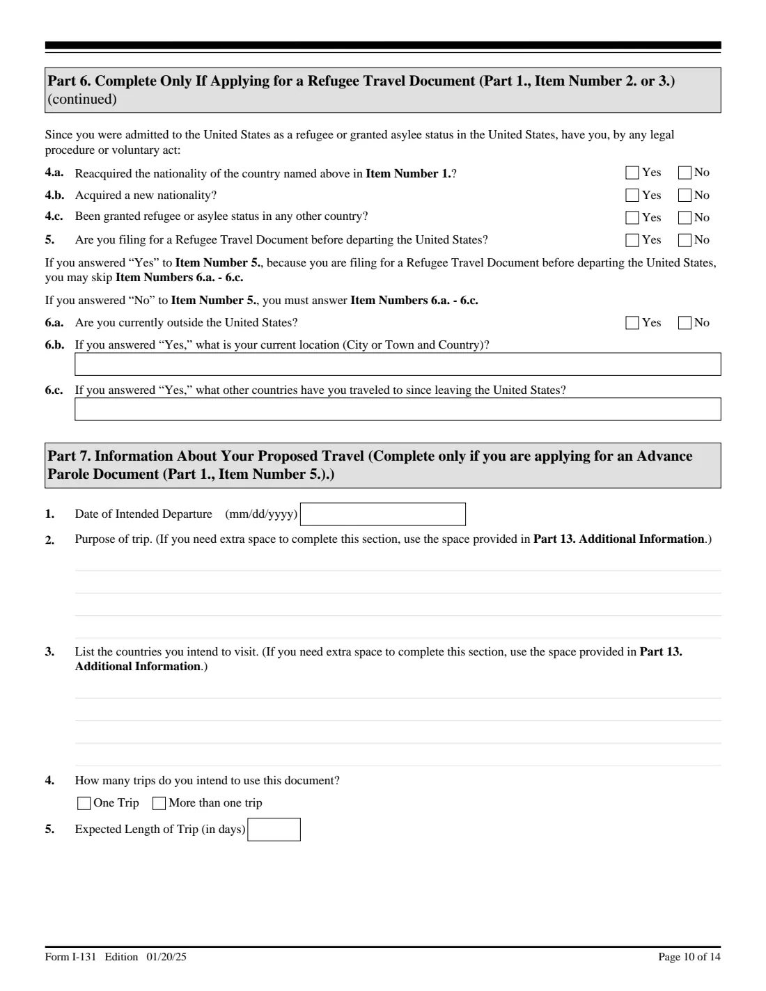 Form I-131 (2025) Application for Travel Documents, Parole Documents, and Arrival/Departure Records — page 10 of 14