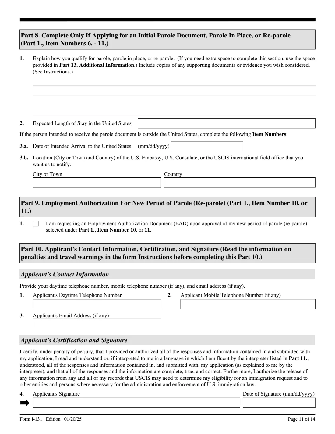 Form I-131 (2025) Application for Travel Documents, Parole Documents, and Arrival/Departure Records — page 11 of 14