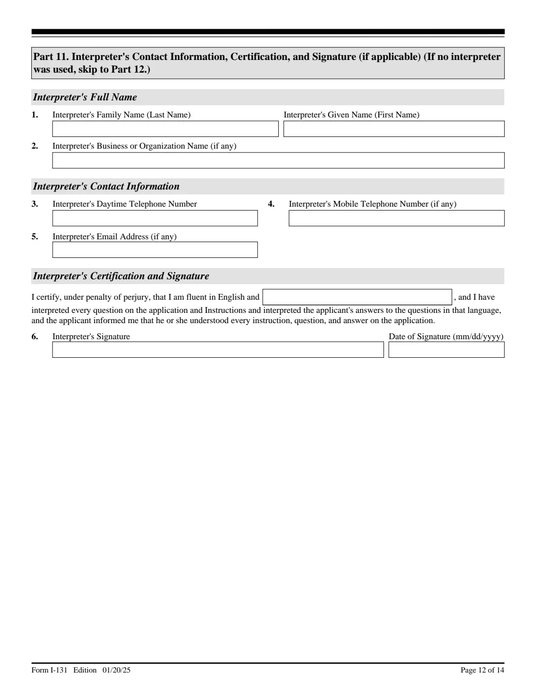 Form I-131 (2025) Application for Travel Documents, Parole Documents, and Arrival/Departure Records — page 12 of 14
