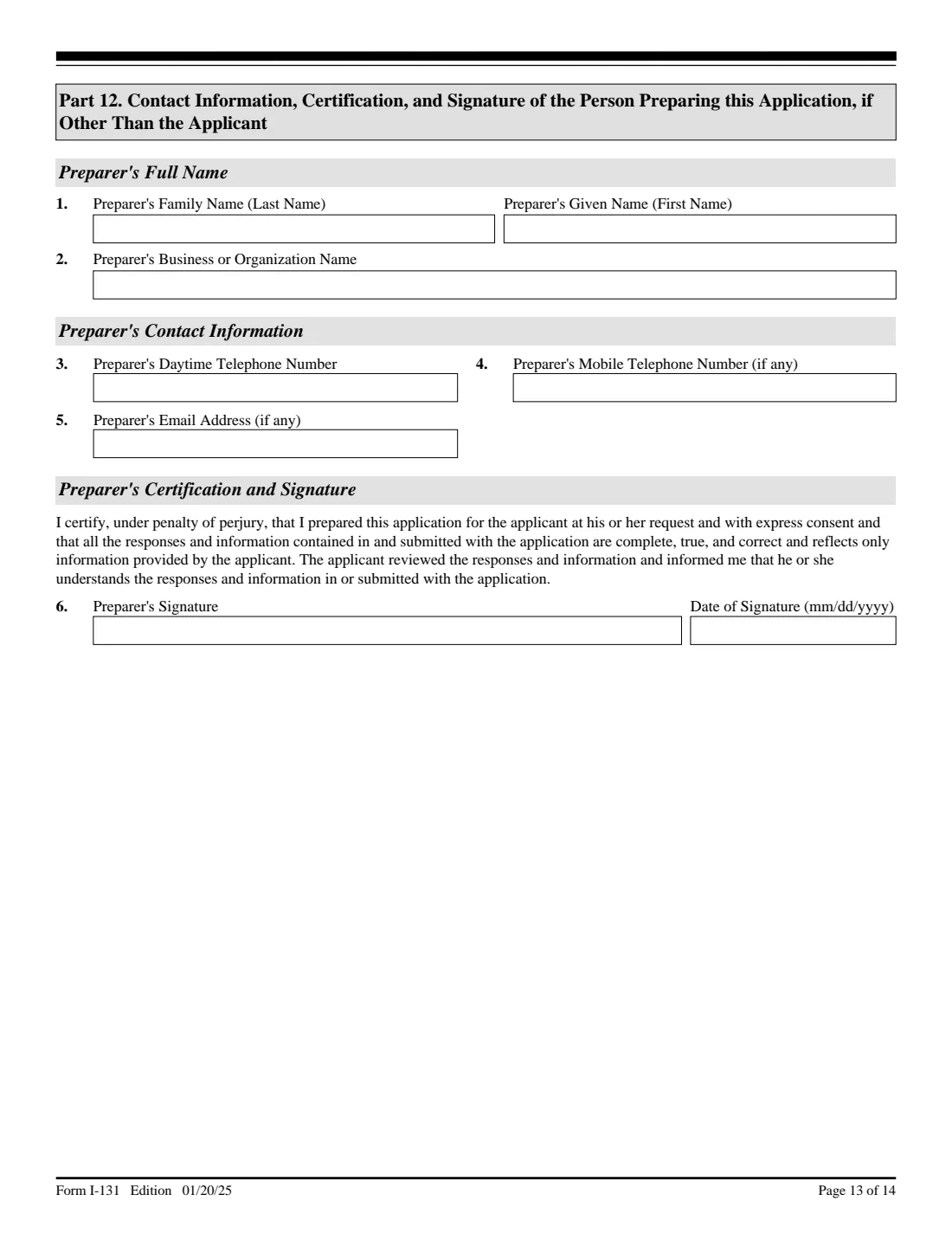Form I-131 (2025) Application for Travel Documents, Parole Documents, and Arrival/Departure Records — page 13 of 14