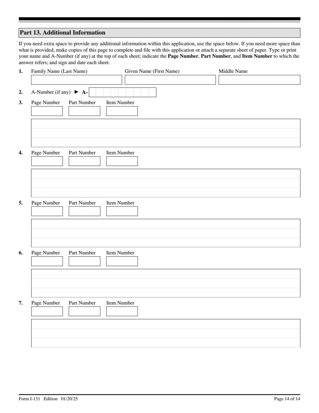 Form I-131 (2025) Application for Travel Documents, Parole Documents, and Arrival/Departure Records — page 14 of 14