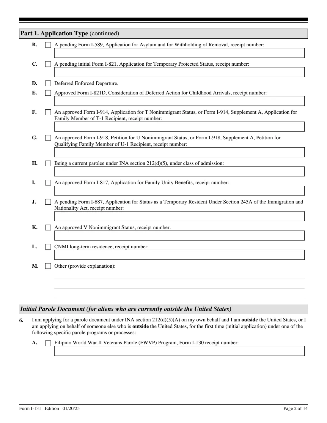 Form I-131 (2025) Application for Travel Documents, Parole Documents, and Arrival/Departure Records — page 2 of 14