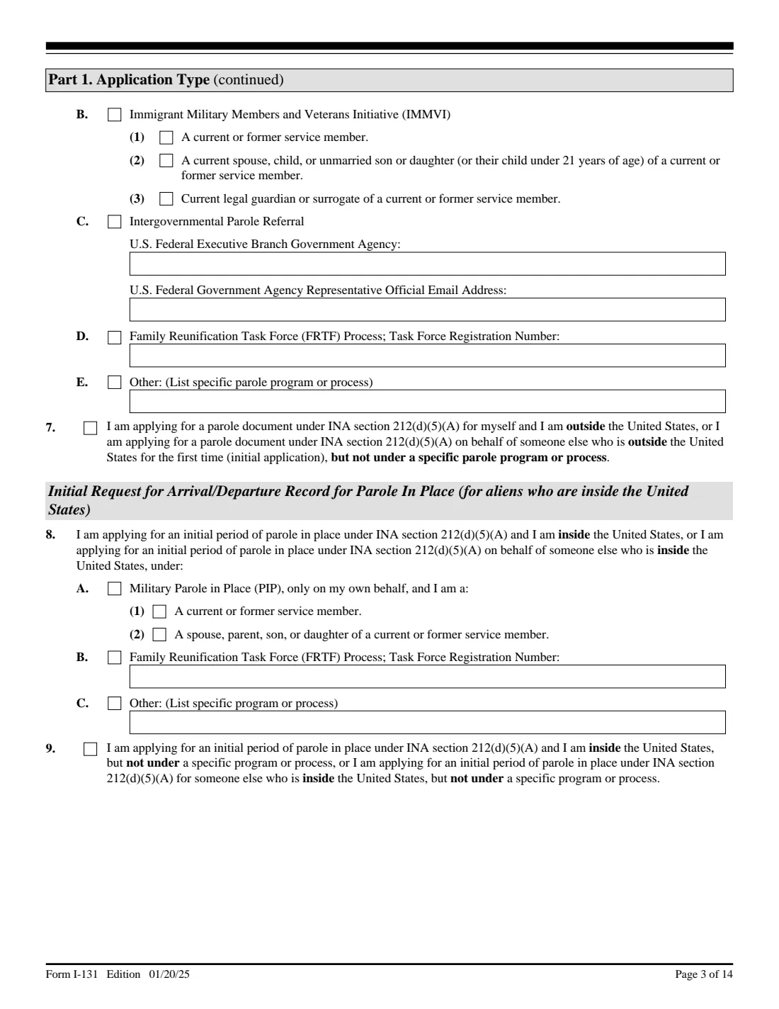 Form I-131 (2025) Application for Travel Documents, Parole Documents, and Arrival/Departure Records — page 3 of 14